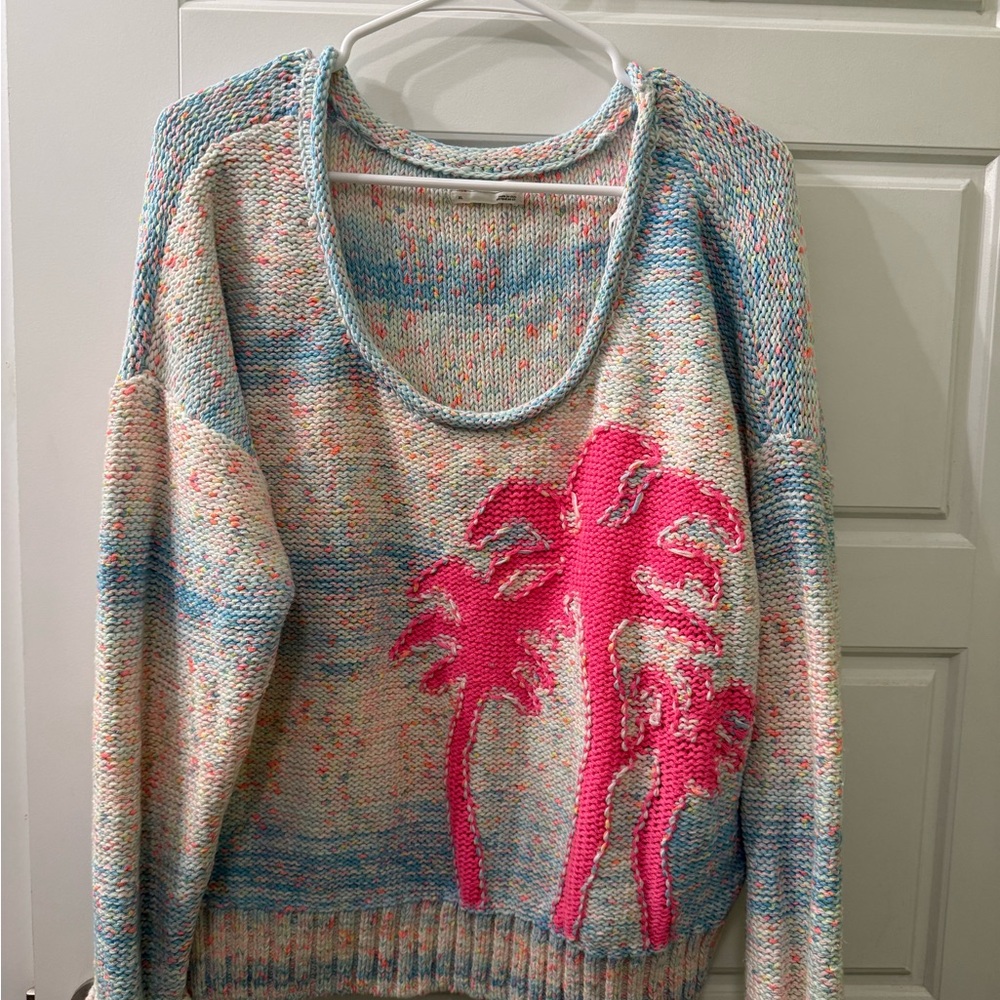 Anthropologie Multicolor Sweater with Pink Palm Design